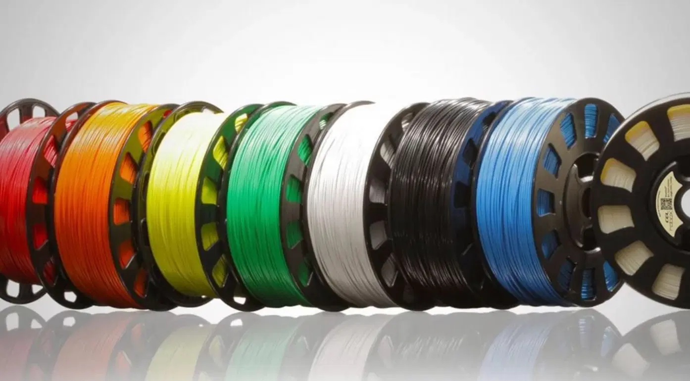 Various 3D printing materials and filaments displayed