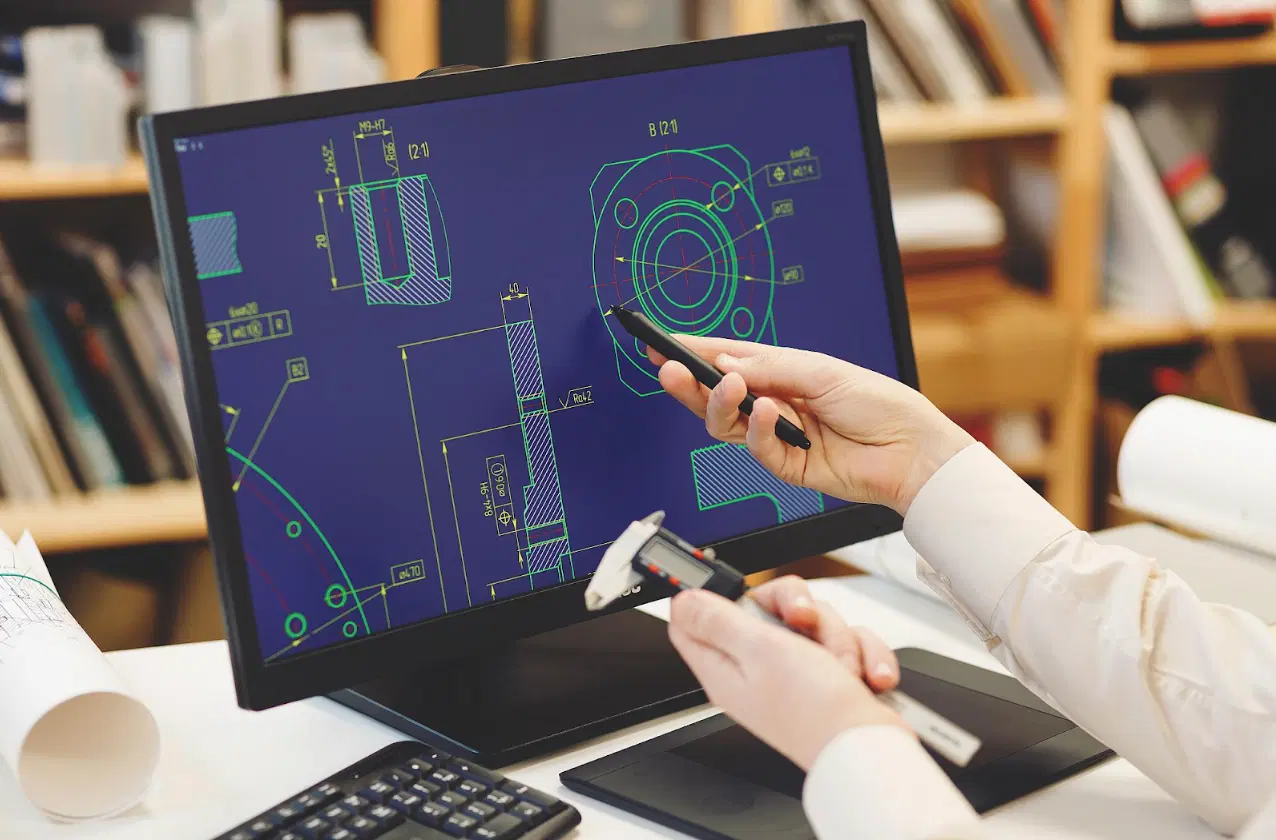 Engineering drawing with technical specifications and CAD design